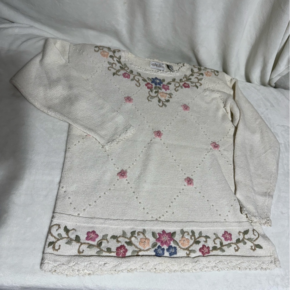 Vintage Cream Sweater with Floral Embroidery